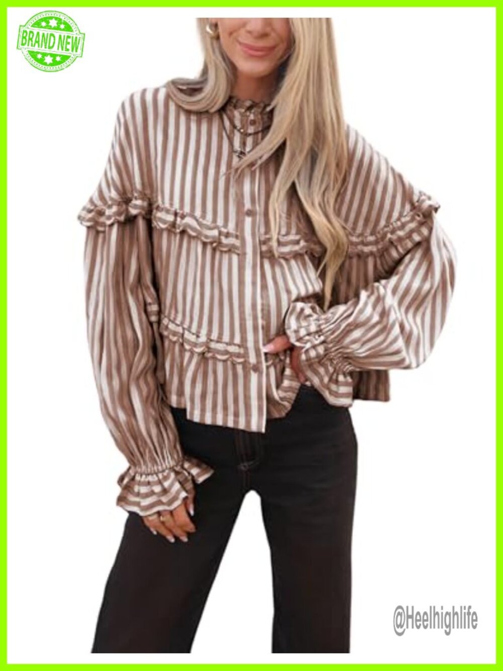 Women's Striped Button Down Blouse Ruffled Hem Puff Sleeve Top